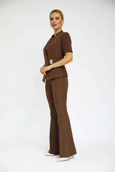ÖNDER ÖZSOY Chestnut Colored Buckle Short Sleeve Jacket and Spanish Leg Pants Set