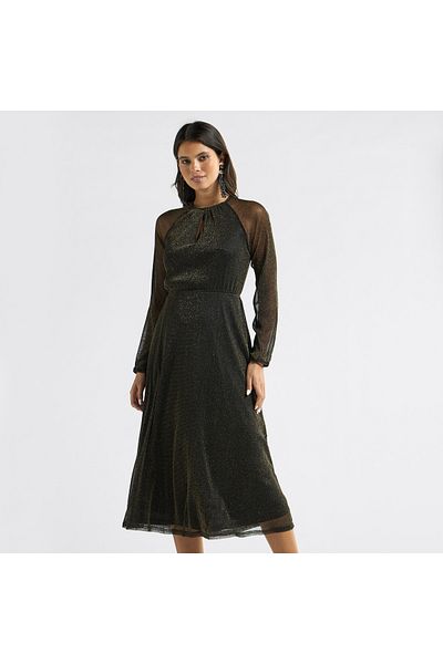 FAV Shimmer Detail Midi A-line Dress with Long Sleeves and Round Neck