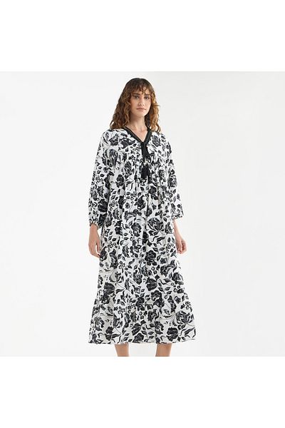 FAV Floral Print A-line Midi Dress with V-neck and Lace Detail