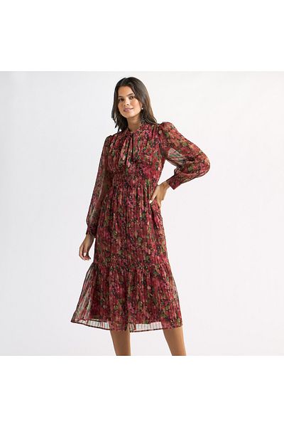 FAV All-Over Floral Print Tiered Dress with Bow Collar and Long Sleeves