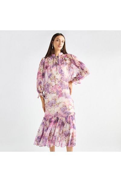 FAV All-Over Floral Print Mandarin Collar Dress with Volume Sleeves and Flounce Hem
