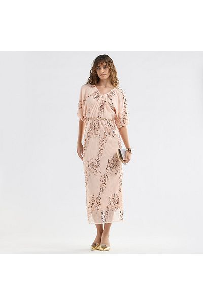 FAV Sequinned Midi Dress with Short Puff Sleeves and V-neck