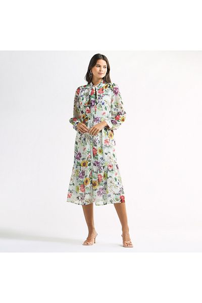 FAV All-Over Floral Print Tiered Dress with Bow Collar and Long Sleeves