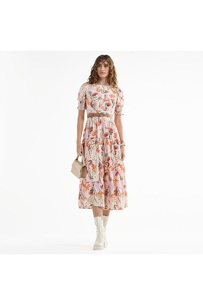 FAV Floral Print Midi Dress with Smocked and Lace Detail