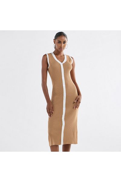 FAV Ribbed Sleeveless Button Down Dress with V-neck