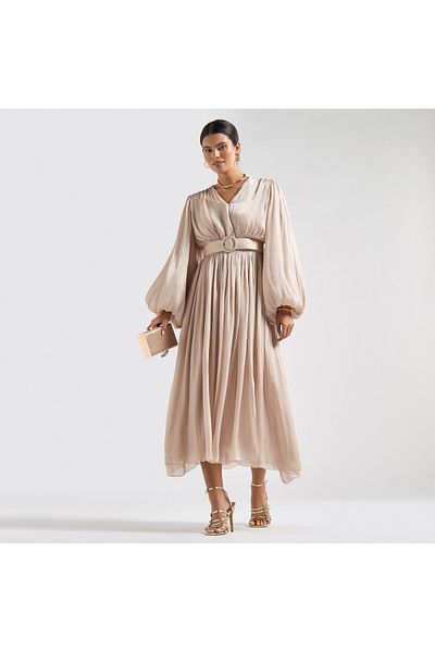 FAV Textured Belted Midi Dress with V-neck and Long Puff Sleeves