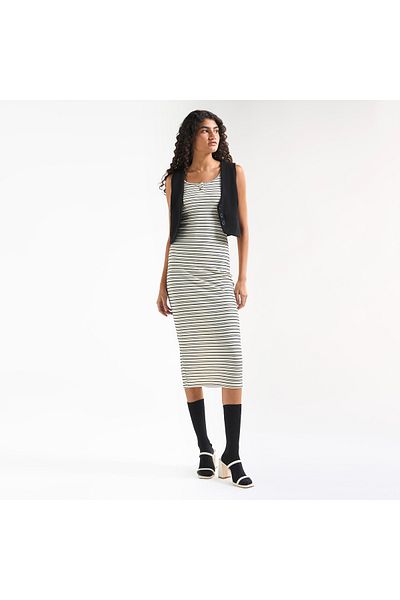 FAV Striped Sleeveless Bodycon Dress with Round Neck and Button Detail
