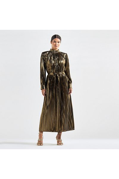FAV Pleated High Neck A-line Dress with Long Sleeves and Tie-Up Belt