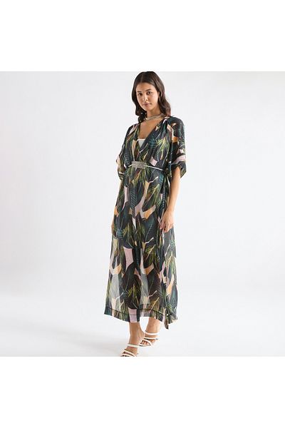 FAV All-Over Print V-neck Dress with Tie-Up Belt