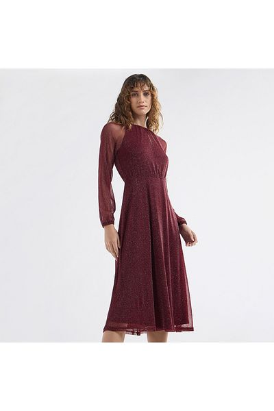 FAV Textured A-line Dress with Keyhole Neck and Long Sleeves