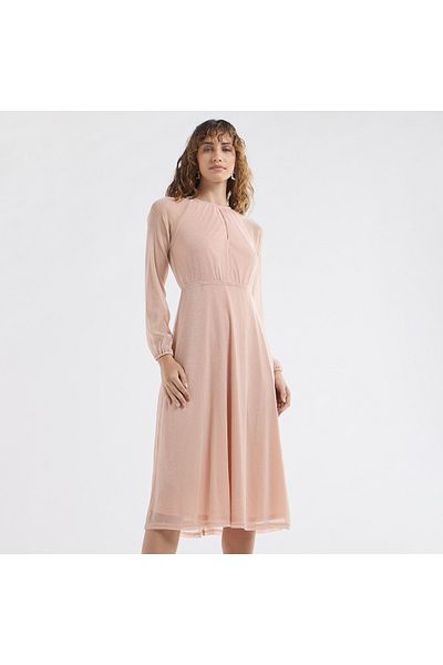 FAV Textured A-line Dress with Keyhole Neck and Long Sleeves