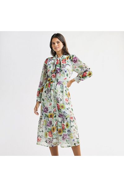 FAV All-Over Floral Print Tiered Dress with Bow Collar and Long Sleeves