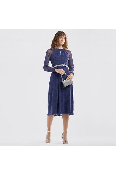 FAV Textured A-line Dress with Keyhole Neck and Long Sleeves