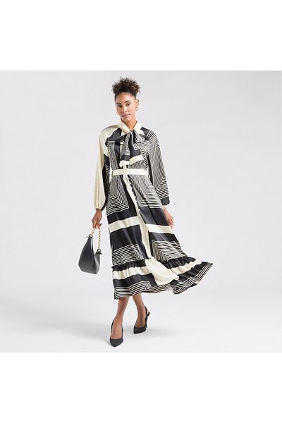 FAV All-Over Print Shirt Dress with Long Sleeves and Flounce Hem