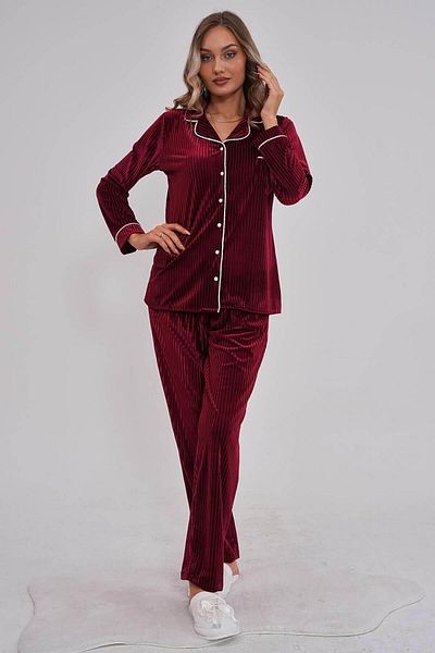 Mecit Pijama Set de pijamale de damă Mecit 6120 din catifea burgundă cu nasturi