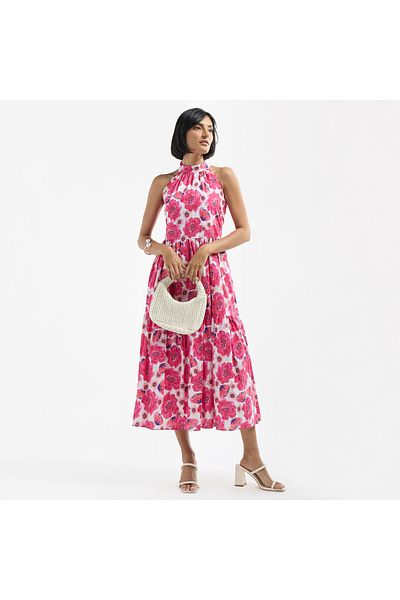 FAV All-Over Floral Print Halter Neck Tiered Dress with Tie-Ups