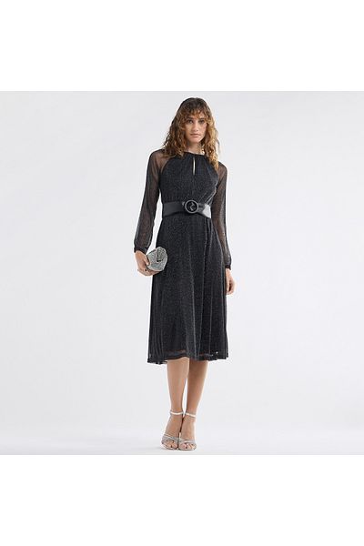 FAV Textured A-line Dress with Keyhole Neck and Long Sleeves