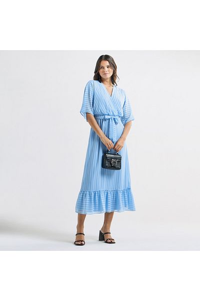 FAV Striped Midi A-line Dress with Short Sleeves and Tie-Up Belt