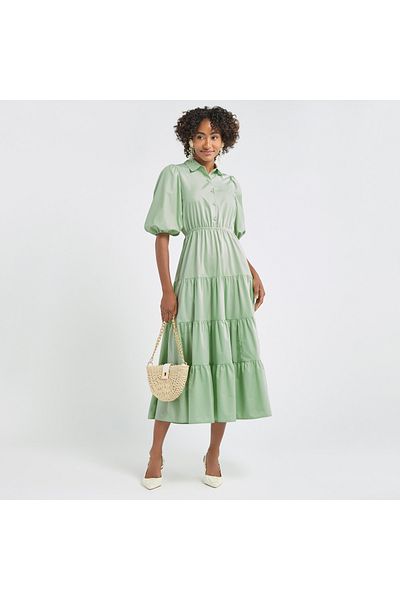 FAV Plain Tiered Shirt Dress with Puff Sleeves