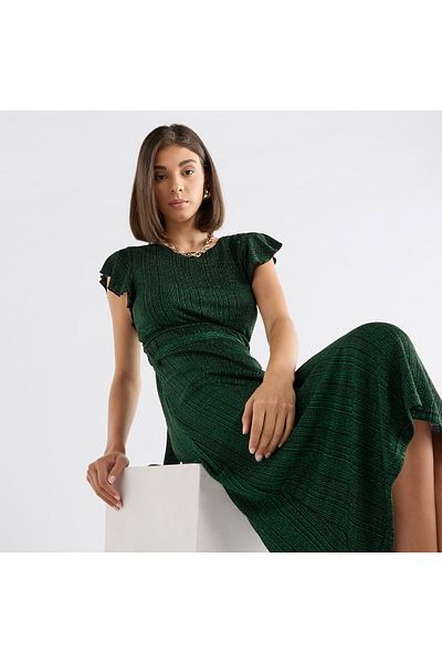 FAV Textured Midi Dress with Flutter Sleeves and Tie-Up Belt