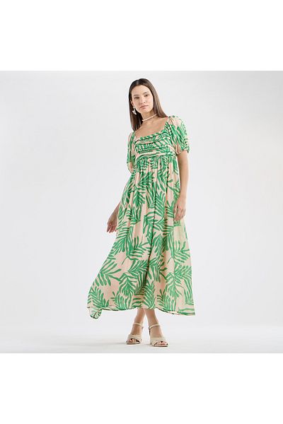 FAV All-Over Print Maxi Dress with Square Neck and Short Sleeves