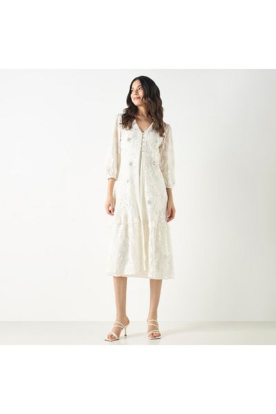 Iconic All-Over Embellished V-neck Dress with Volume Sleeves