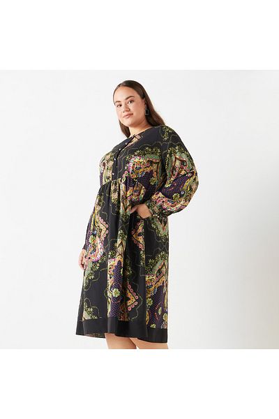 Ulla Popken Plus Size Ulla Popken All-Over Floral Print Midi Dress with Long Sleeves