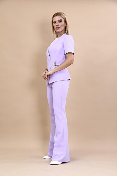 ÖNDER ÖZSOY Hakim Yaka Yandan Tokalı Çapraz Ceket & İspanyol Paça Pantolon-Menekşe