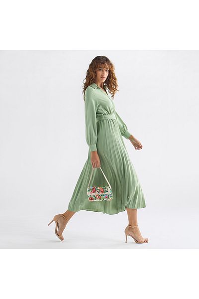 FAV Pleated Shirt Dress with Belt and Long Sleeves
