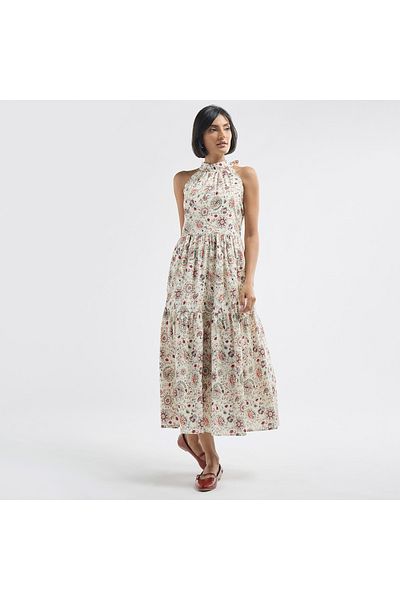 FAV All-Over Floral Print Halter Neck Tiered Dress with Tie-Ups