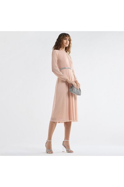FAV Textured A-line Dress with Keyhole Neck and Long Sleeves