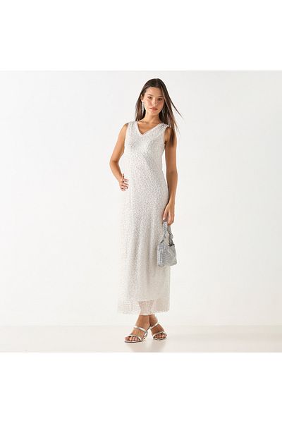 Iconic Pearl Embellished Sleeveless Maxi Dress with V-neck