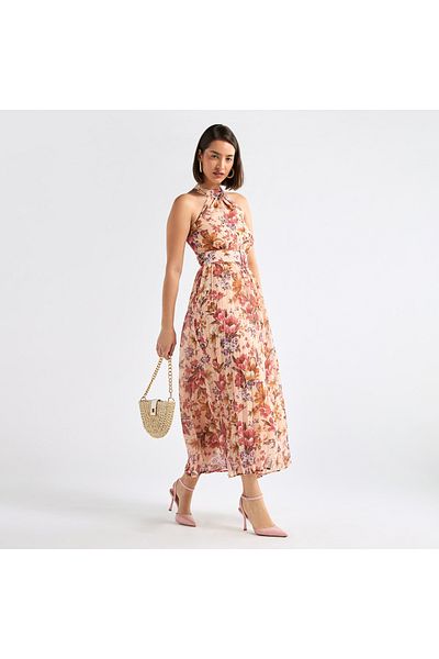 FAV Floral Print Halter Neck Dress with Belt