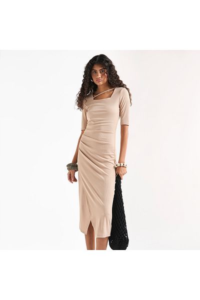 FAV Textured Bodycon Dress with Square Neck and Tulip Hemline