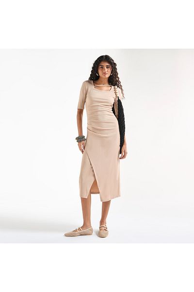 FAV Textured Bodycon Dress with Square Neck and Tulip Hemline