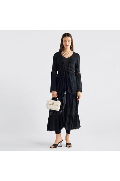 FAV Lace Detail Longline Tiered Shrug with Tie-Ups and Long Sleeves