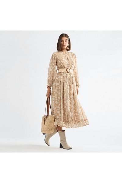 FAV Floral Print Midi Shirt Dress with Long Sleeves