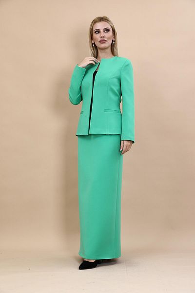 ÖNDER ÖZSOY Oval Collar Long Jacket & Long Pencil Skirt Set-Green