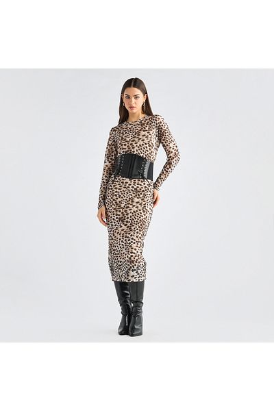 FAV Printed Bodycon Dress with Long Sleeves and Slit Detail
