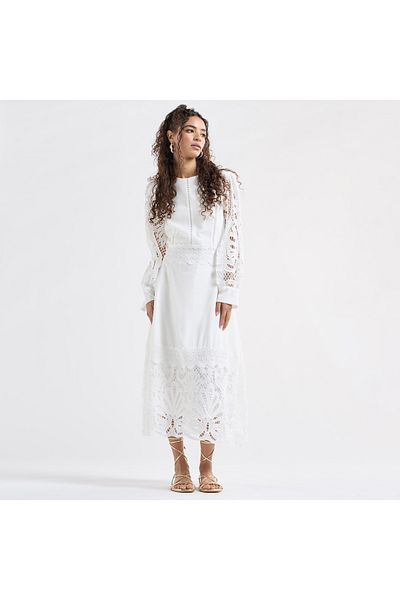FAV A-line Midi Dress with Long Sleeves and Lace Detail