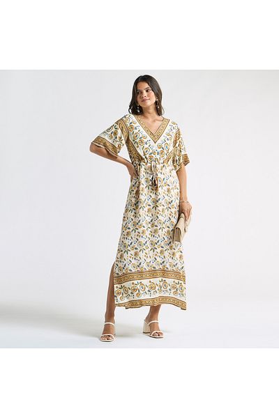 FAV All-Over Floral Print V-neck Dress with Tie-Ups and Short Sleeves