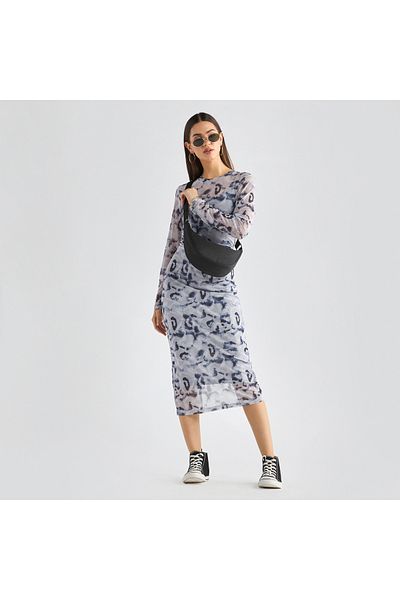 FAV Printed Bodycon Dress with Long Sleeves and Slit Detail