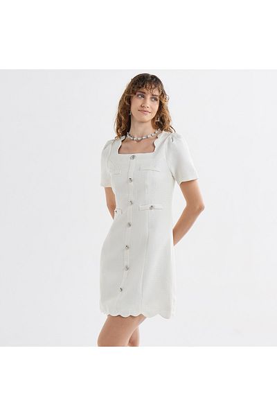 FAV Textured Scallop Hem Mini Dress with Short Sleeves and Square Neck