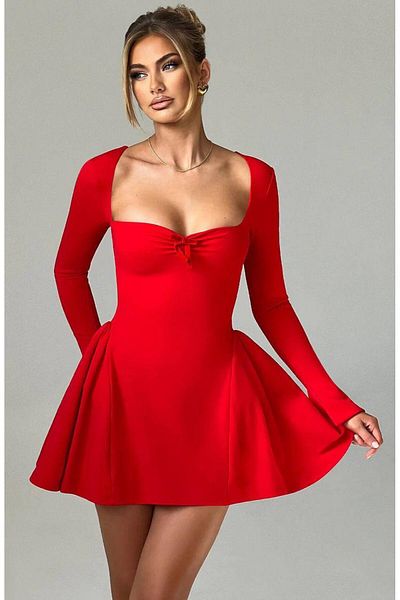 hipnoz butik Women's Long Sleeve Bottom Flared Mini Dress