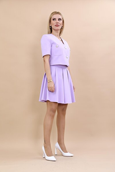 ÖNDER ÖZSOY V Yaka Kısa Ceket & Kısa Kloş Etek-Menekşe