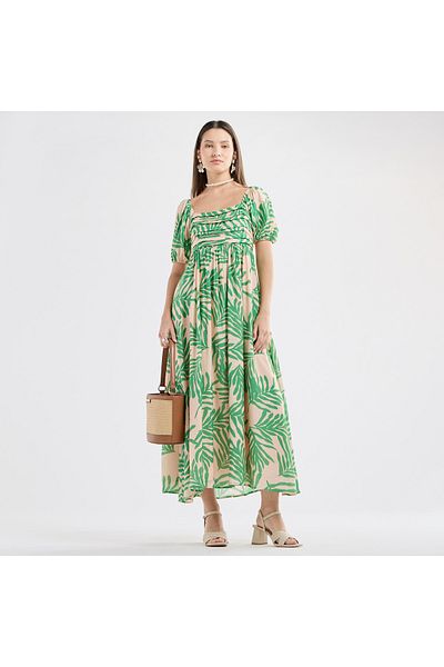 FAV All-Over Print Maxi Dress with Square Neck and Short Sleeves