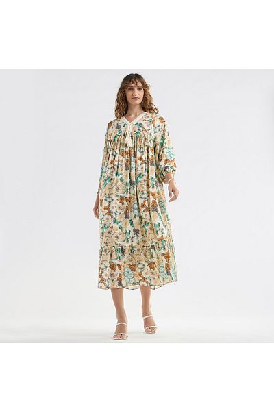 FAV Floral Print A-line Midi Dress with V-neck and Lace Detail