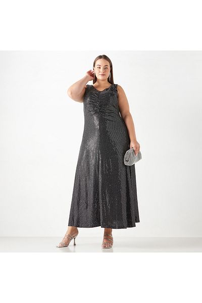 Ulla Popken Plus Size Ulla Popken Embellished Sleeveless Maxi Dress with V-neck