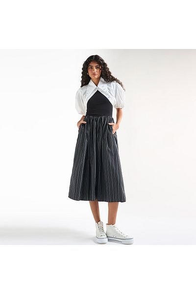 FAV Striped A-line Dress with Short Sleeves and Pocket