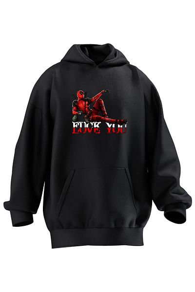 NMG TEKSTİL Унисекс първокласен черен суитшърт с качулка с щампа на Deadpool - 3 прежди